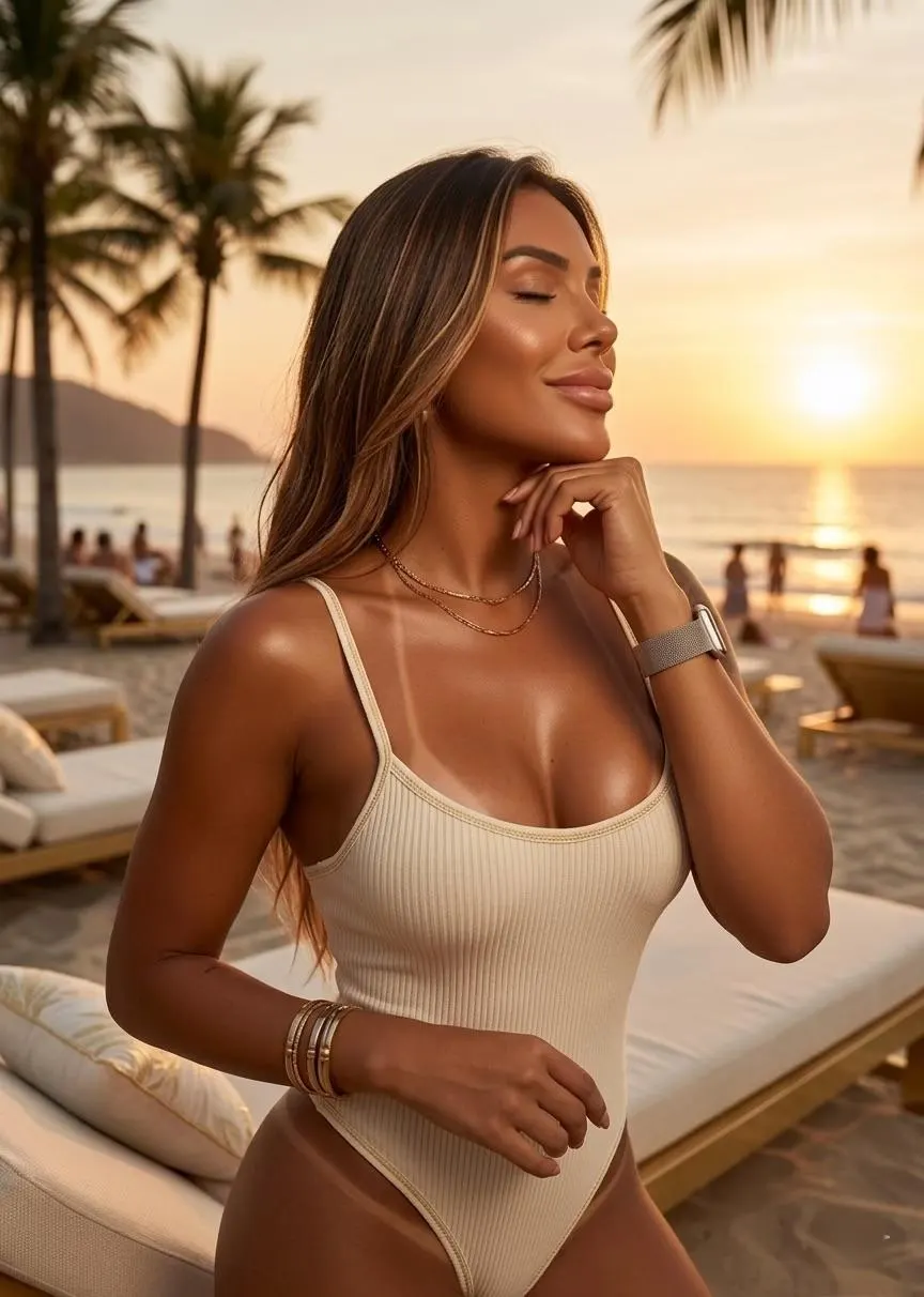 Cliente com bronzeado dourado ao pôr do sol