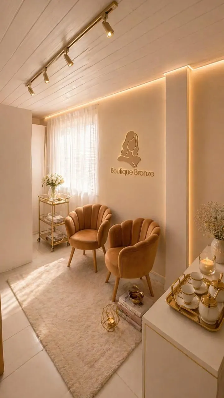 Recepção da Boutique Bronze — poltronas peach veludo, parede com logo dourado e iluminação cálida indireta no Rio de Janeiro